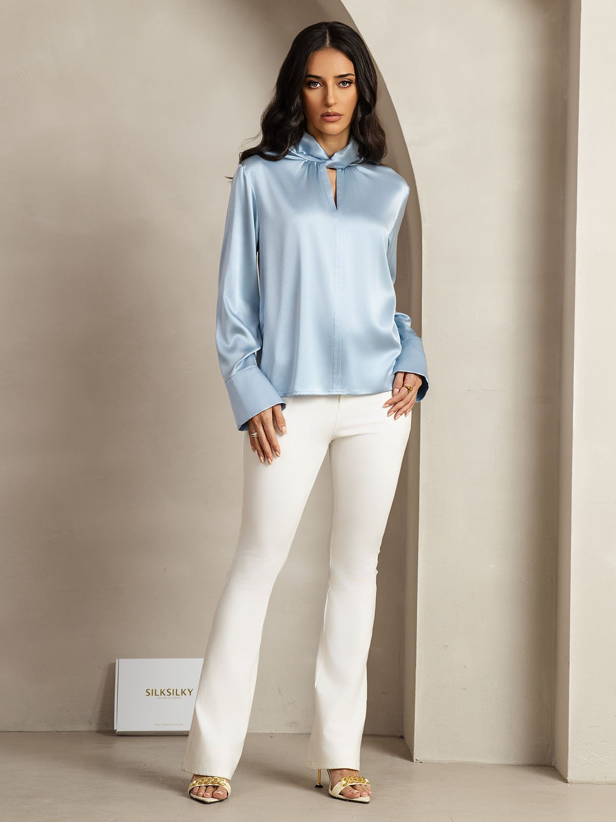 [AzulGrisáceo] SilkSilky-ES 19Momme Seda Escote lágrima Blusas de Mujer 011