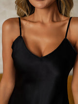 [Negro] SilkSilky-ES Spaghetti Strap V Neck Camisón 004