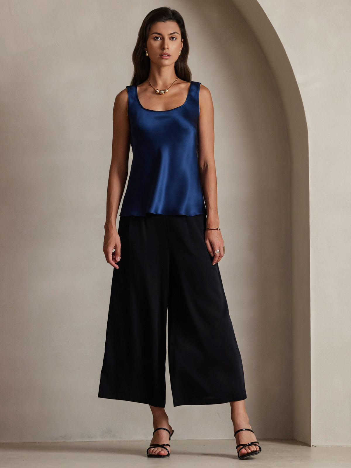 [Azul Oscuro] SilkSilky-ES 19Momme Seda Cuello en U Top de tirantes 001