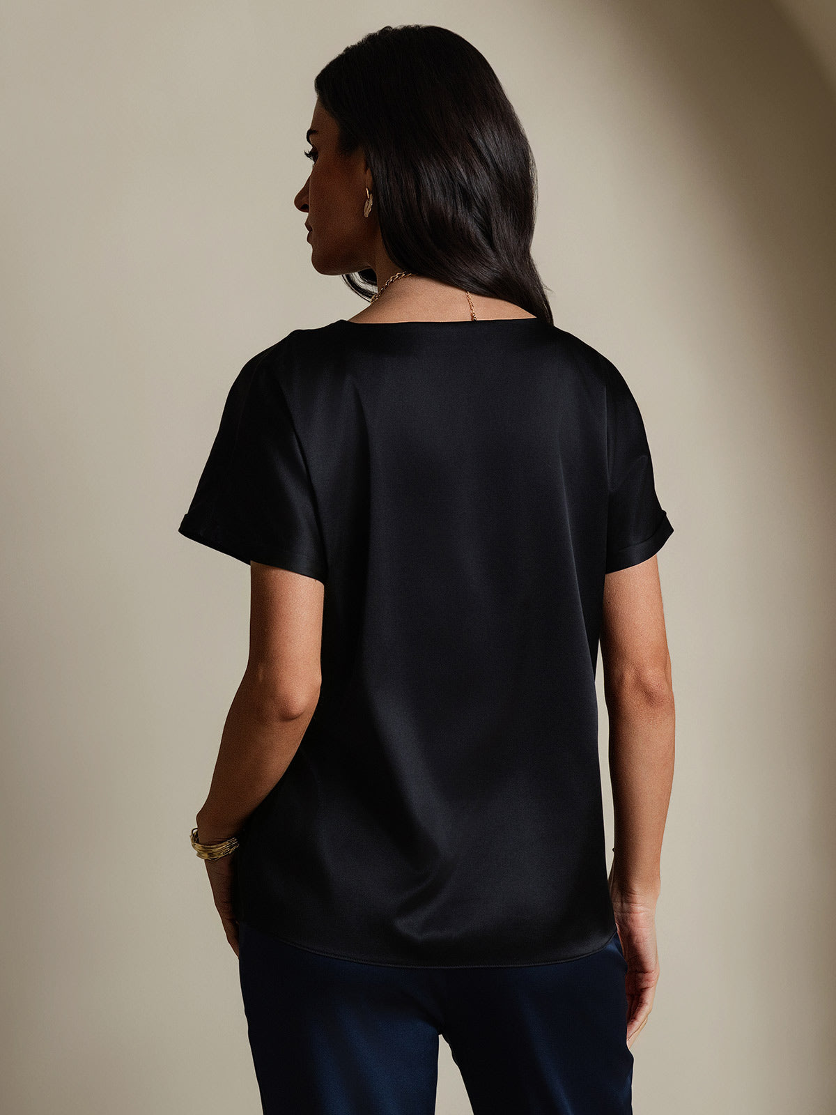 [Negro] SilkSilky-ES 19Momme Manga corta Cuello Barco Camisetas de Mujer 002