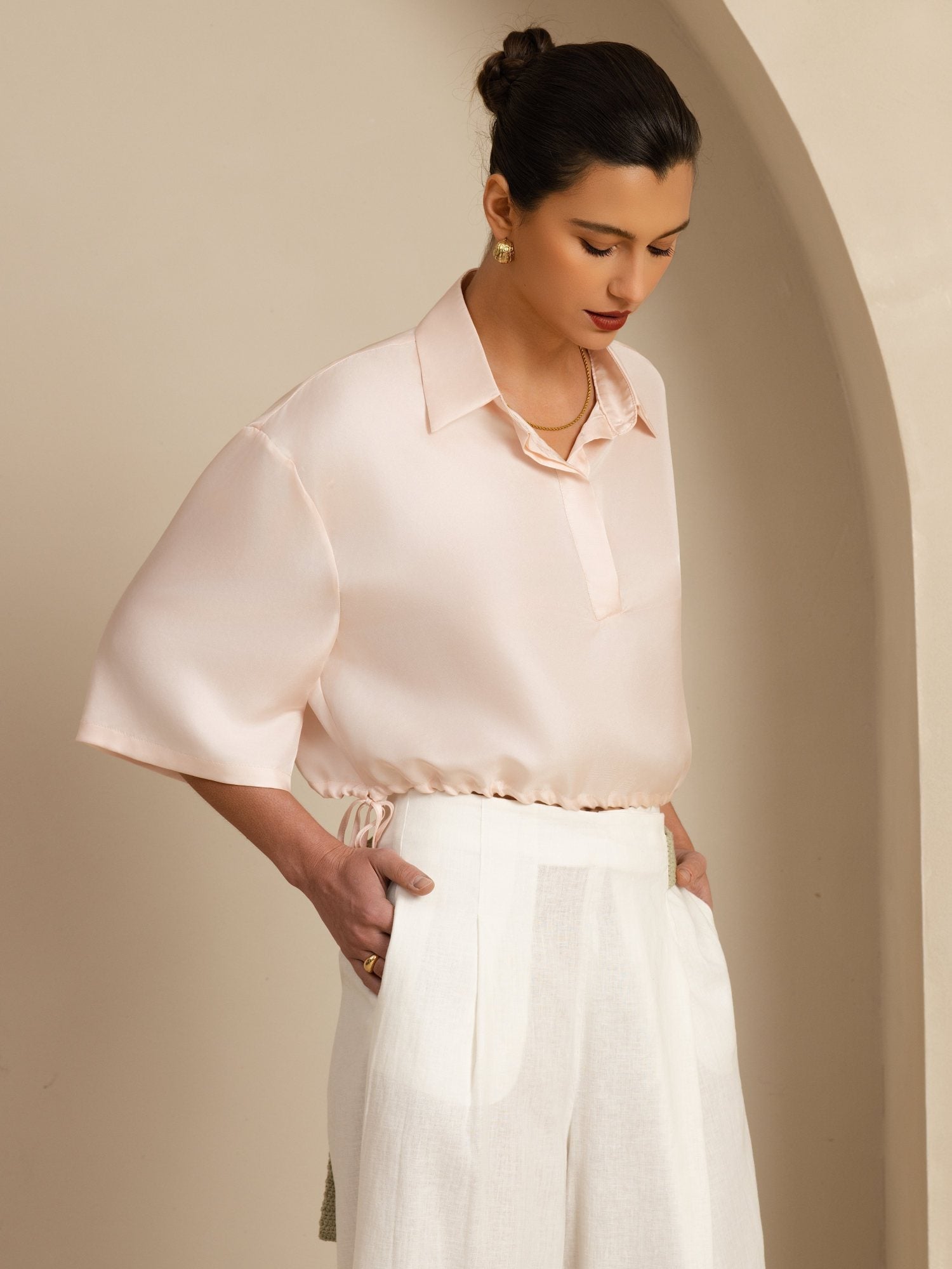 [Rosa] SilkSilky-ES 18Momme A metà Cuello con Solapa Blusa 005