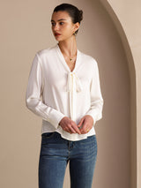 [Blanco] SilkSilky-ES Long Sleeve Tie Neck Blusas 005