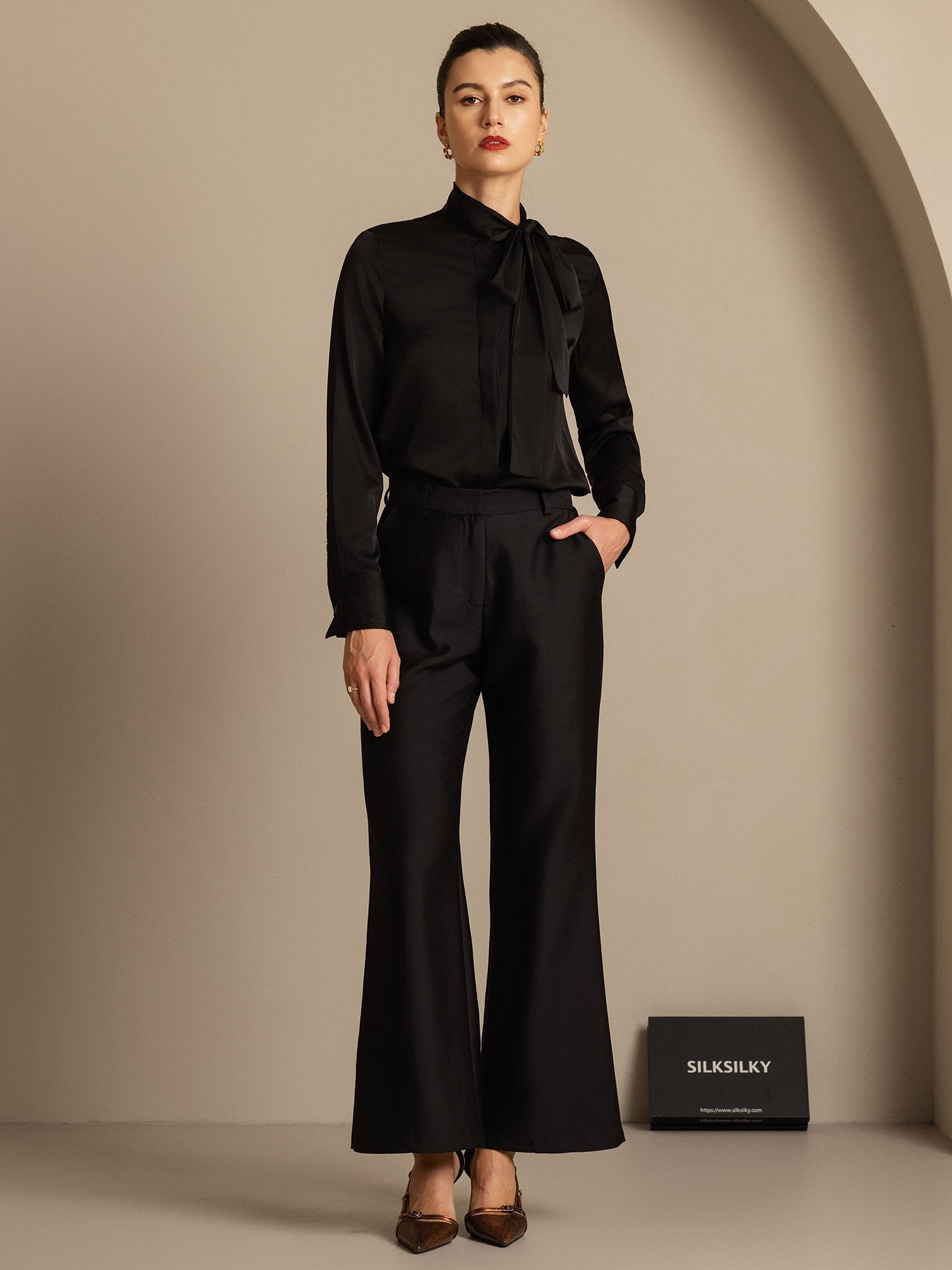 [Negro] SilkSilky-ES 32Momme Silk-Wool Blend Womens Pants 007,