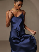 [Azul Oscuro] SilkSilky-ES Spalline Sottili Cuello Drapeado Vestido 006