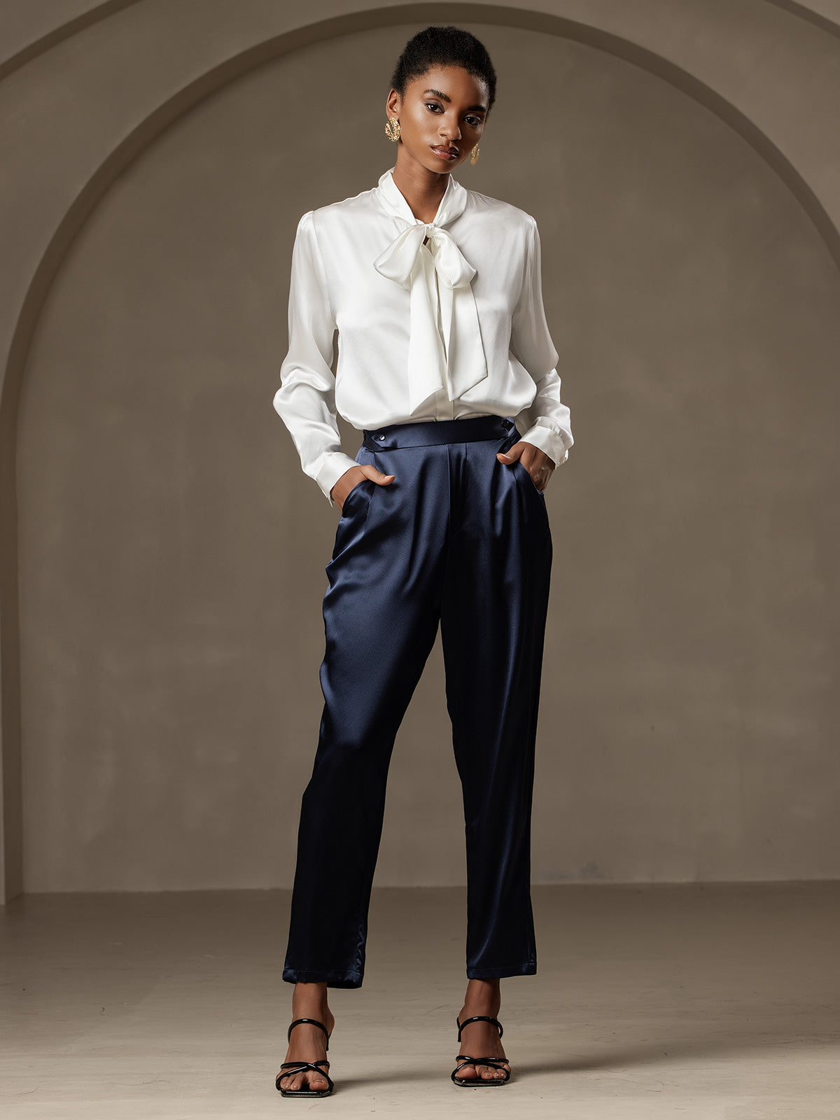 [Blanco] SilkSilky-ES 19Momme Seda Manga larga Corbata Blusas de Mujer 007