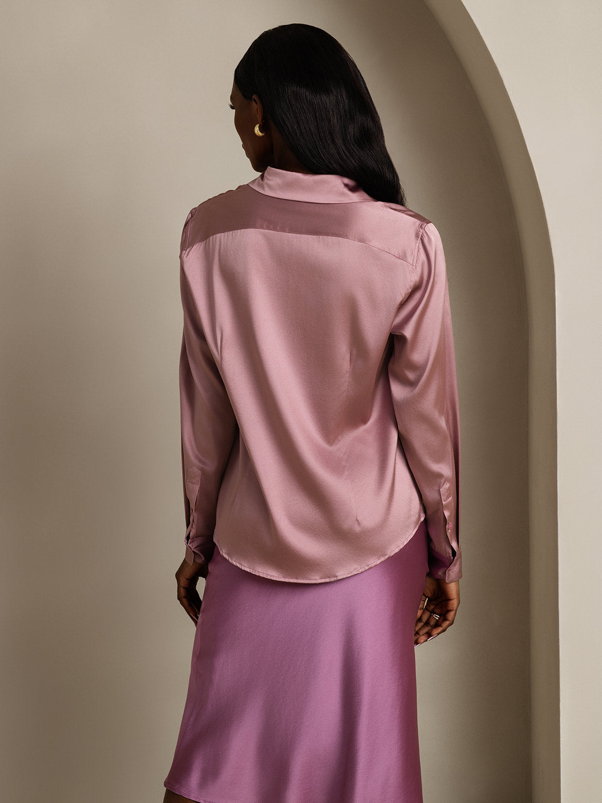 [Malva Pálido] SilkSilky-ES Seda Lapel Collar Blusas de Mujer 002