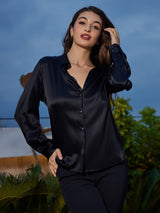 [Negro] SilkSilky-ES 19Momme Manga larga Cuello con Solapa Blusas de Mujer 005