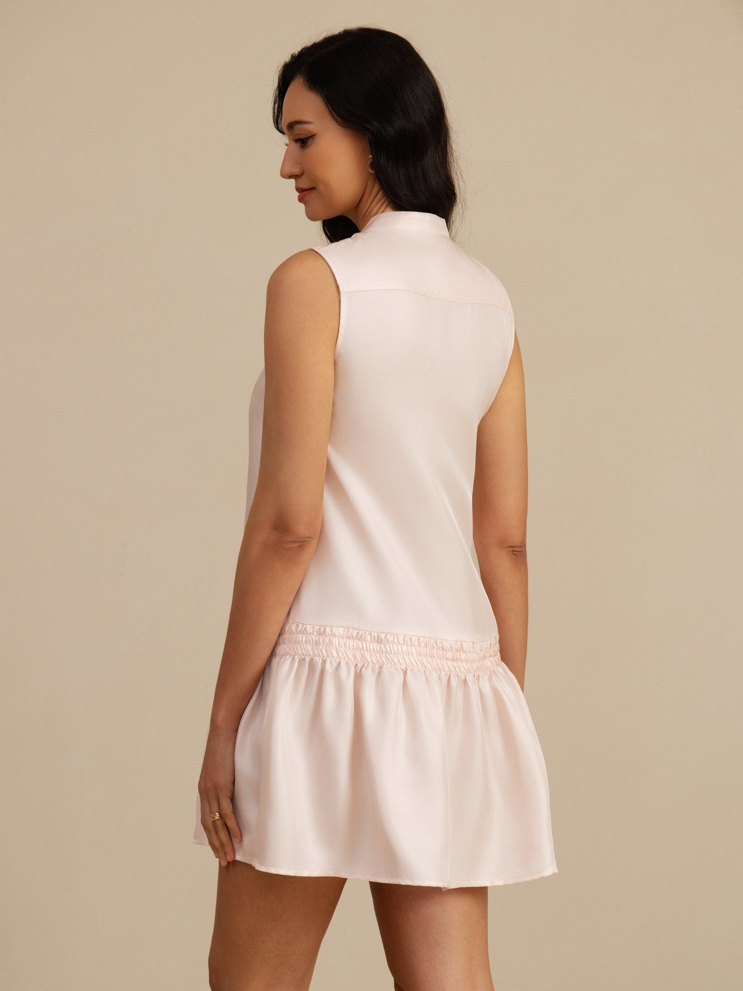 [Rosa] SilkSilky-ES 18Momme Sin mangas Cuello Alto Vestido 002