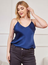 [Azul Oscuro] SilkSilky-ES Spalline Sottili Cuello en V Top de tirantes talla grande 003
