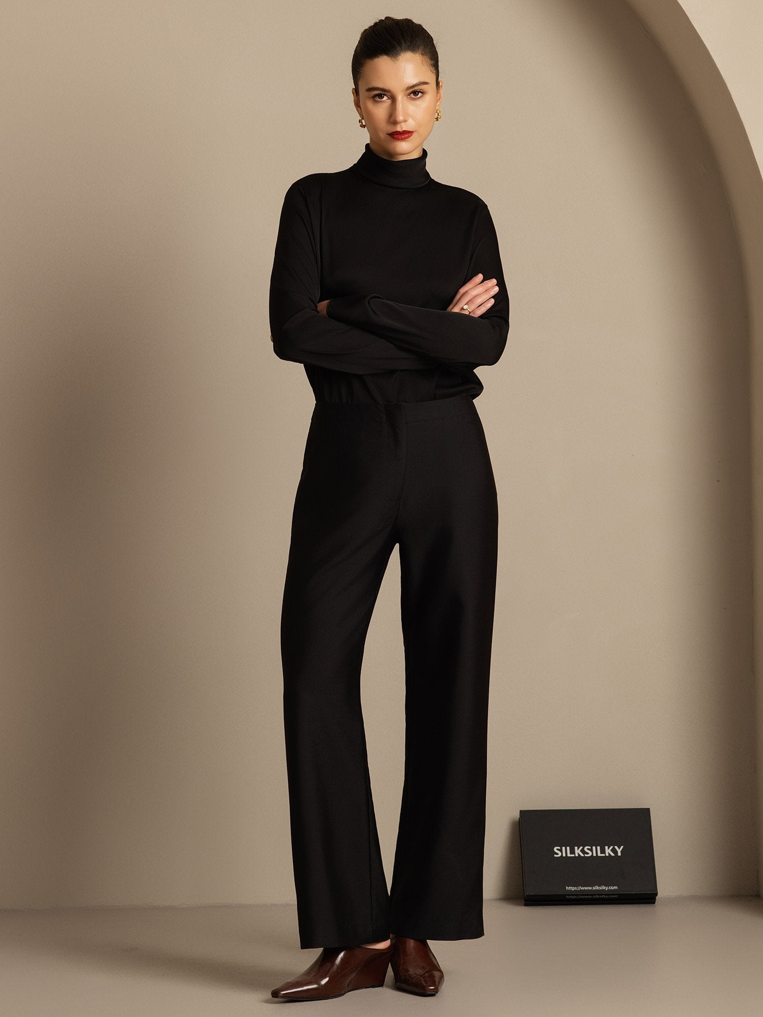 [Negro] SilkSilky-ES 32Momme Silk-Wool Blend Womens Pants 003,