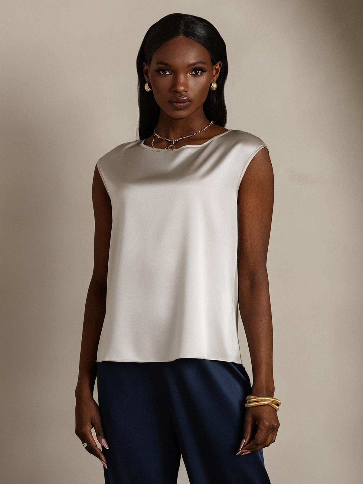 [Gris Claro] SilkSilky-ES 19Momme Seda Womens T-Shirt 001