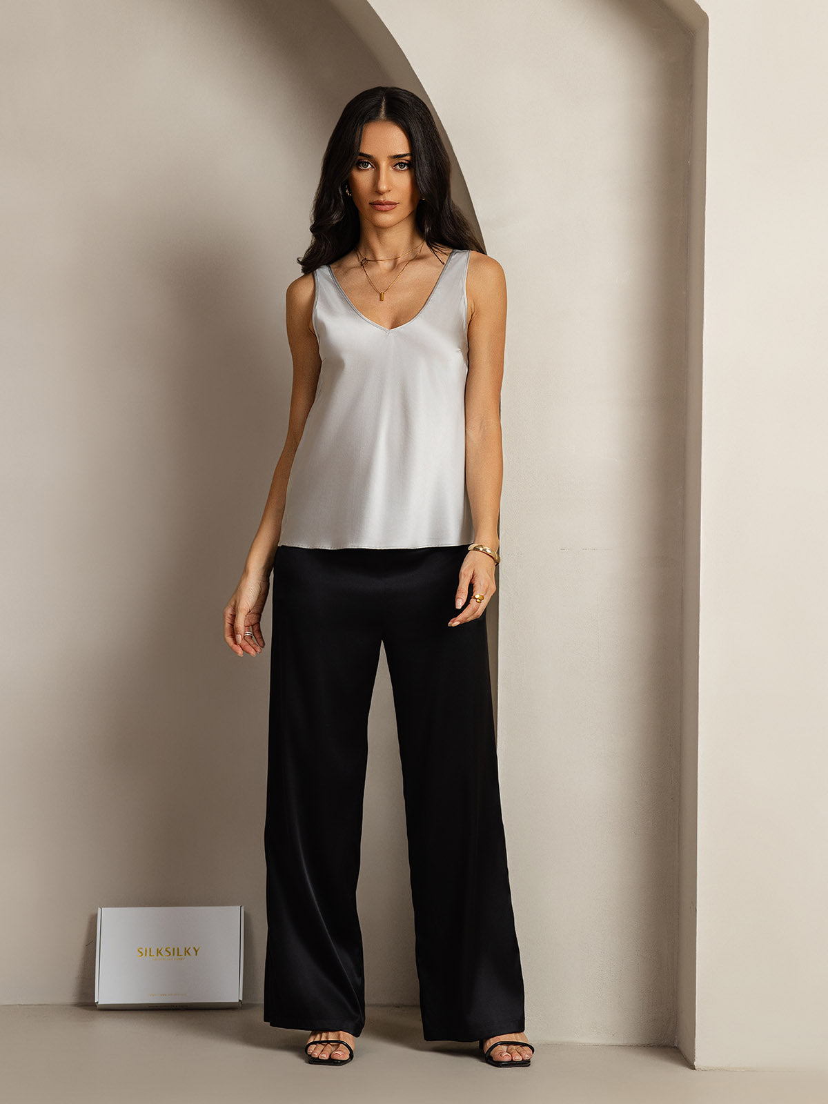 [Plata] SilkSilky-ES 19Momme Seda Cuello en V Top de tirantes 004