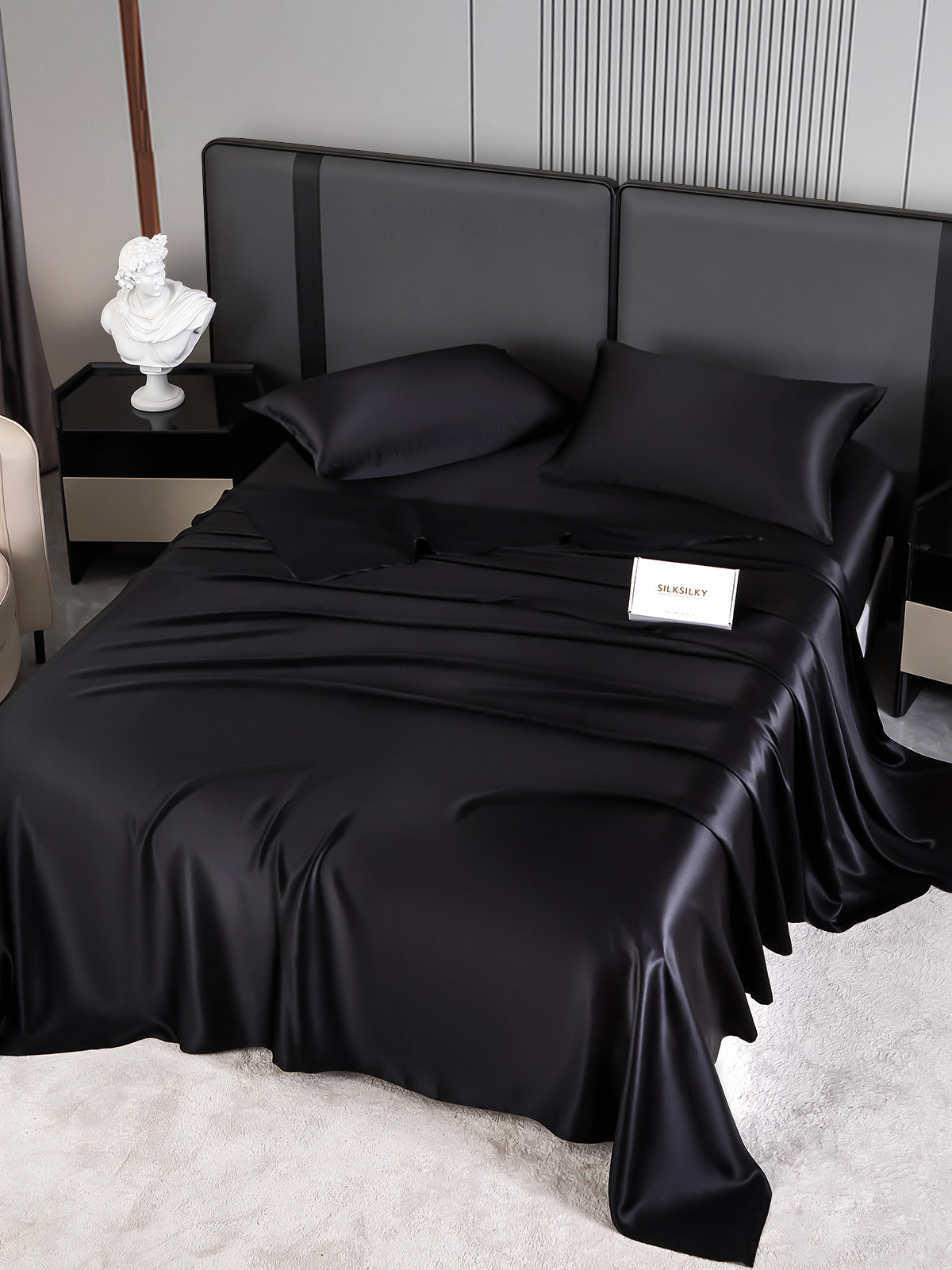 SilkSilky ES 22Momme Seda Pura Bedding Set Negro 002