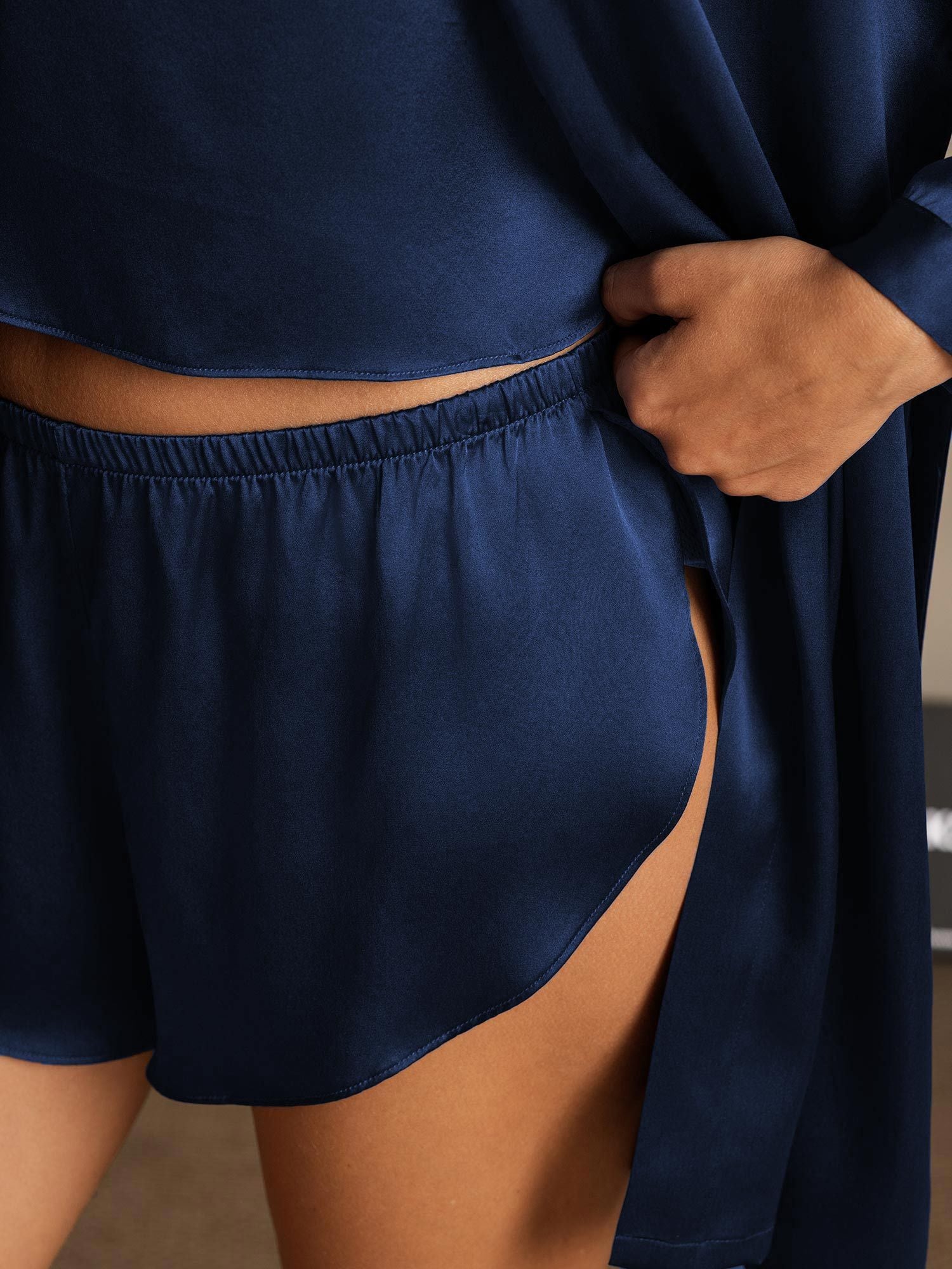 [Azul Oscuro] SilkSilky-ES Seda Pura Nightgown&Robe Set 005,