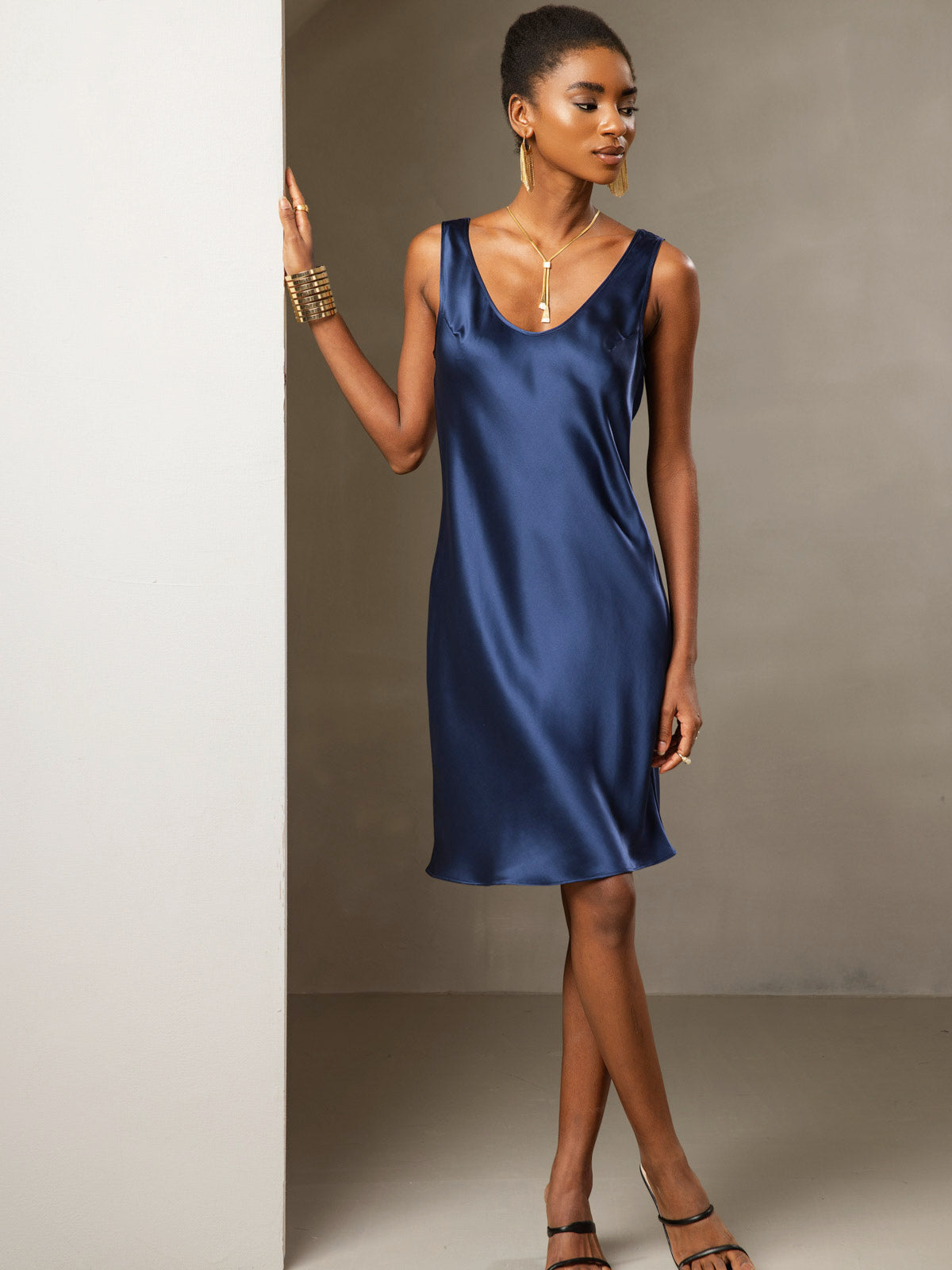 [Azul Oscuro] SilkSilky-ES Seda Pura Sin mangas Round Neck Vestido 006