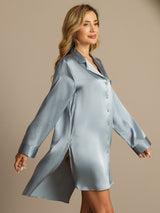 [Azul Grisáceo] SilkSilky-ES Long Sleeve Lapel Collar Camisas de dormir 006