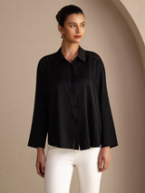 [Negro] SilkSilky-ES Long Sleeve Lapel Collar Blusa 001