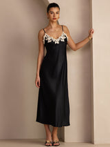 [Negro] SilkSilky-ES Spaghetti Strap V Neck Vestido 005