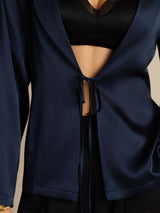 [Azul Oscuro] SilkSilky-ES 19Momme Manga larga Chaqueta de mujer 003