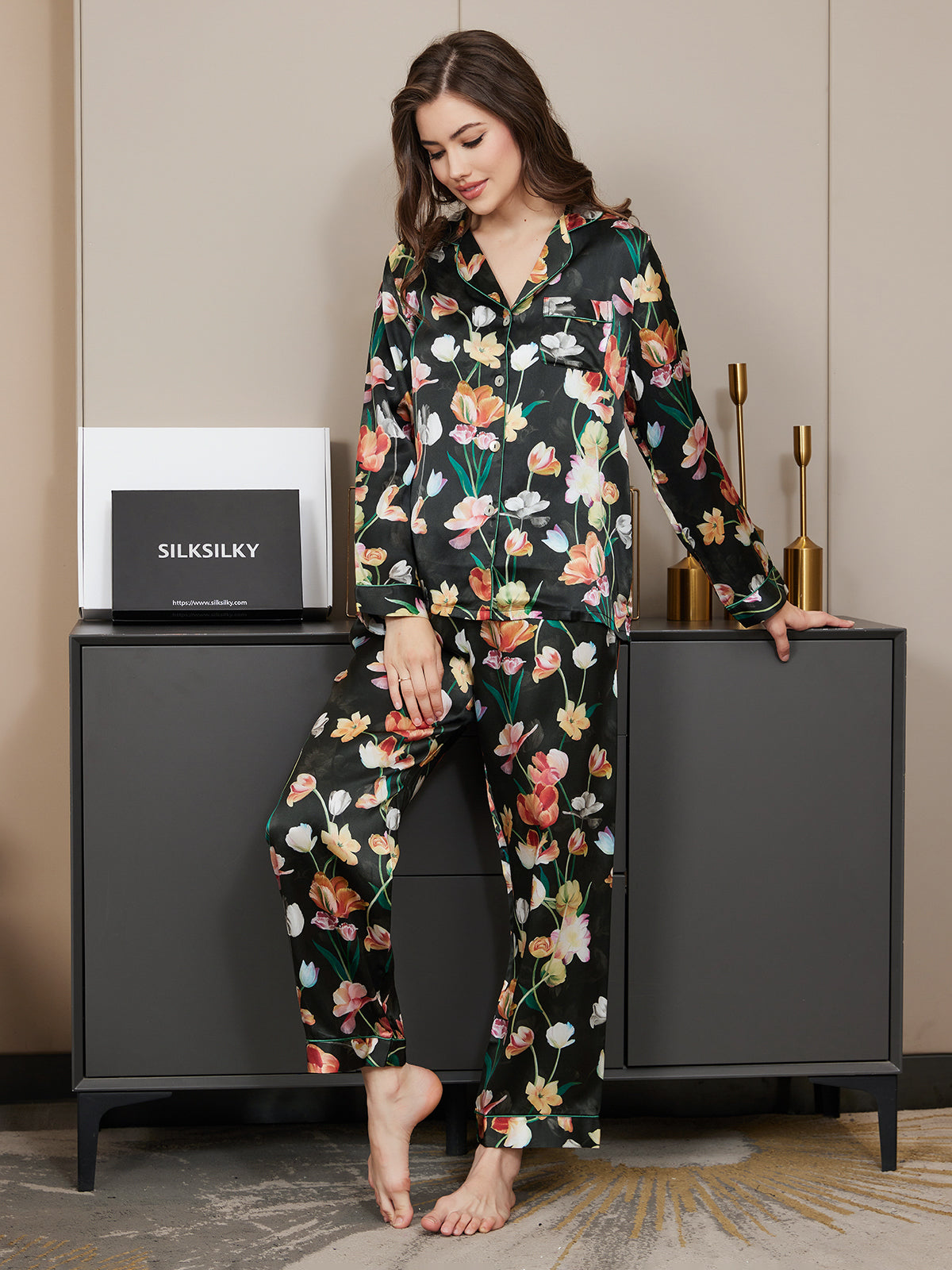 [Negro] SilkSilky-ES Seda Pura Manga larga Solapa Pijamas de mujer 003