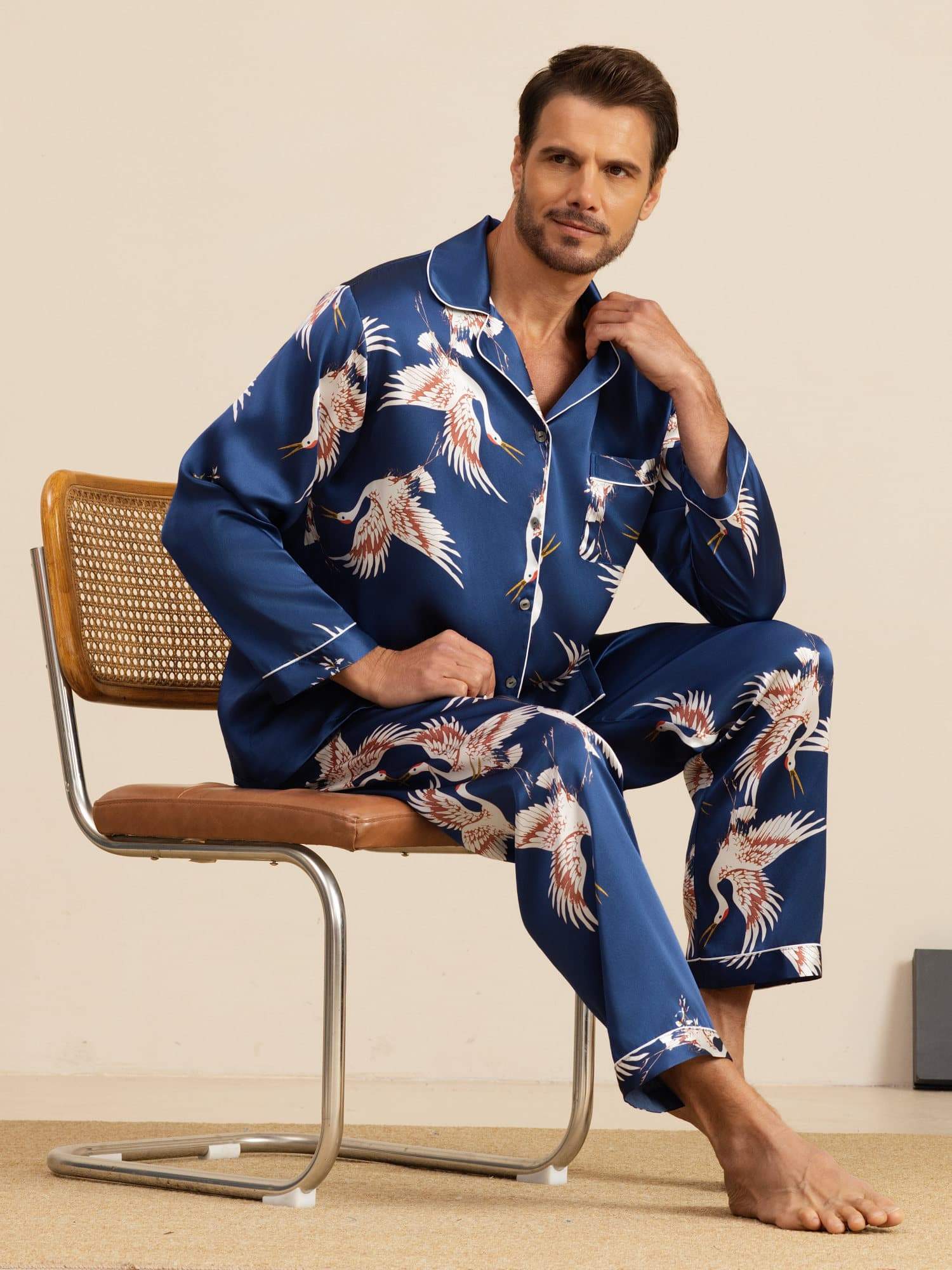 [Azul Oscuro] SilkSilky-ES 19Momme Manga larga Cuello de Muesca Pijamas de hombre 001