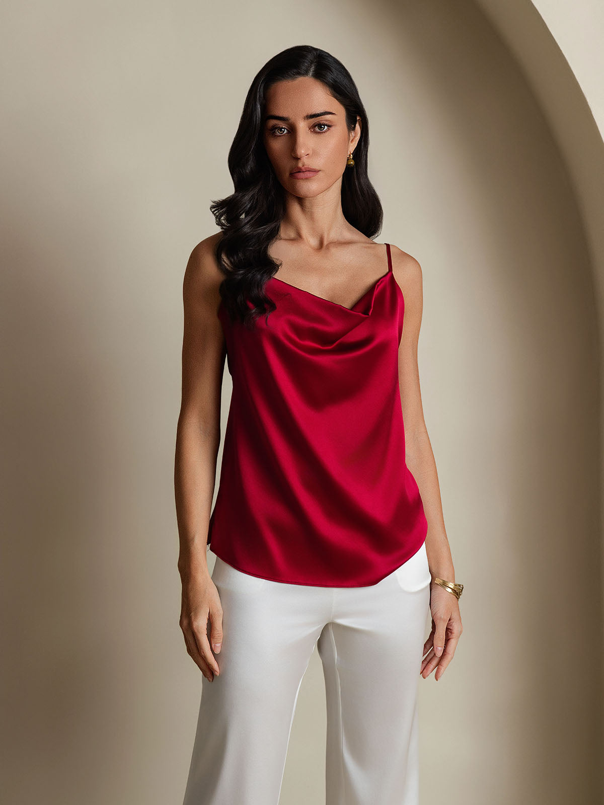 [Vino] SilkSilky-ES 19Momme Spalline Sottili Cuello Drapeado Top de tirantes 006