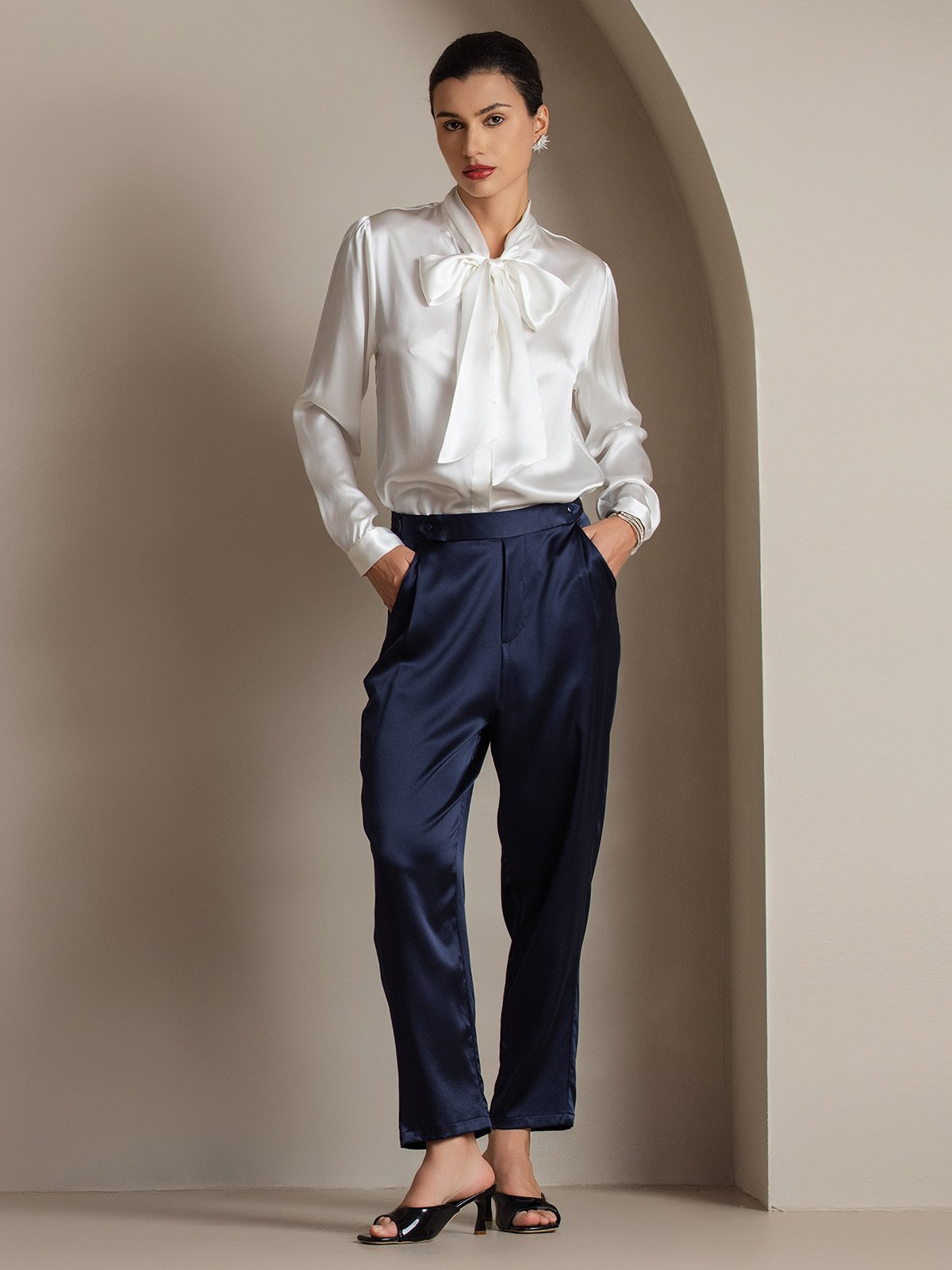 [Blanco] SilkSilky-ES 19Momme Seda Manga larga Corbata Blusas de Mujer 007