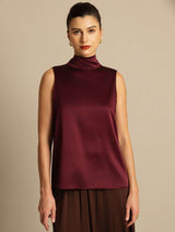 [Rojo Oscuro] SilkSilky-ES 19Momme Sin mangas Cuello Lazo Blusa 006