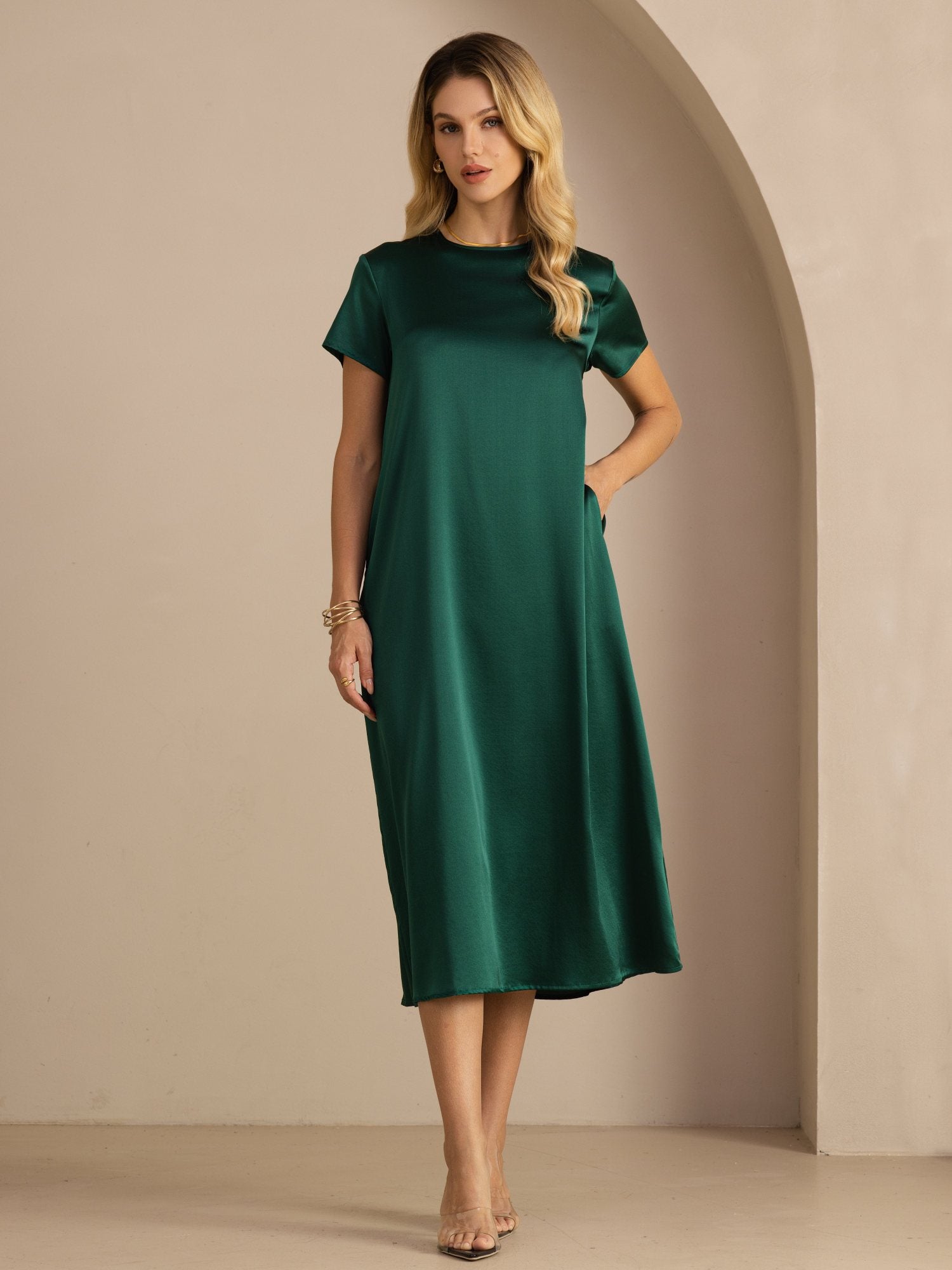 [Verde Oscuro] SilkSilky-ES Short Sleeve Round Neck Vestido 001