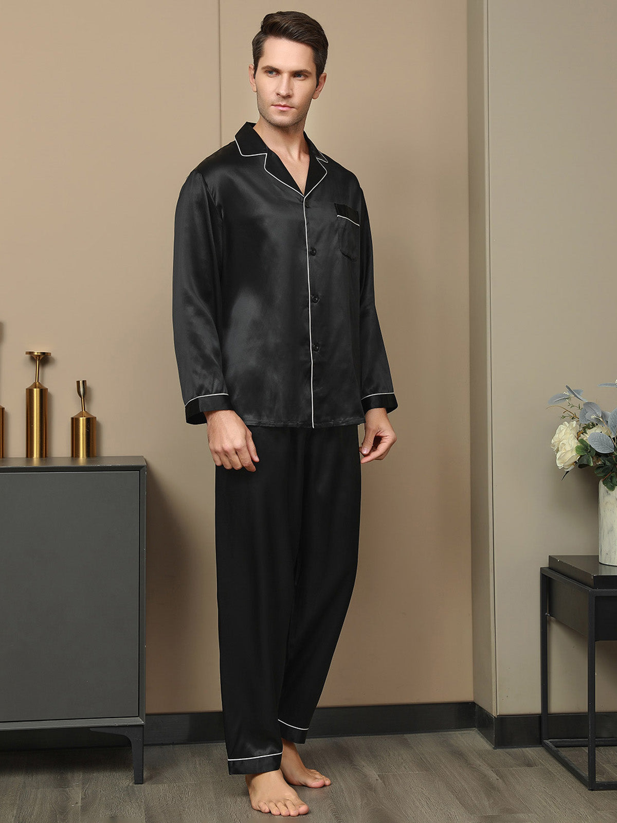 [Negro] SilkSilky-ES 19Momme Seda Pura Mens Pajamas 003