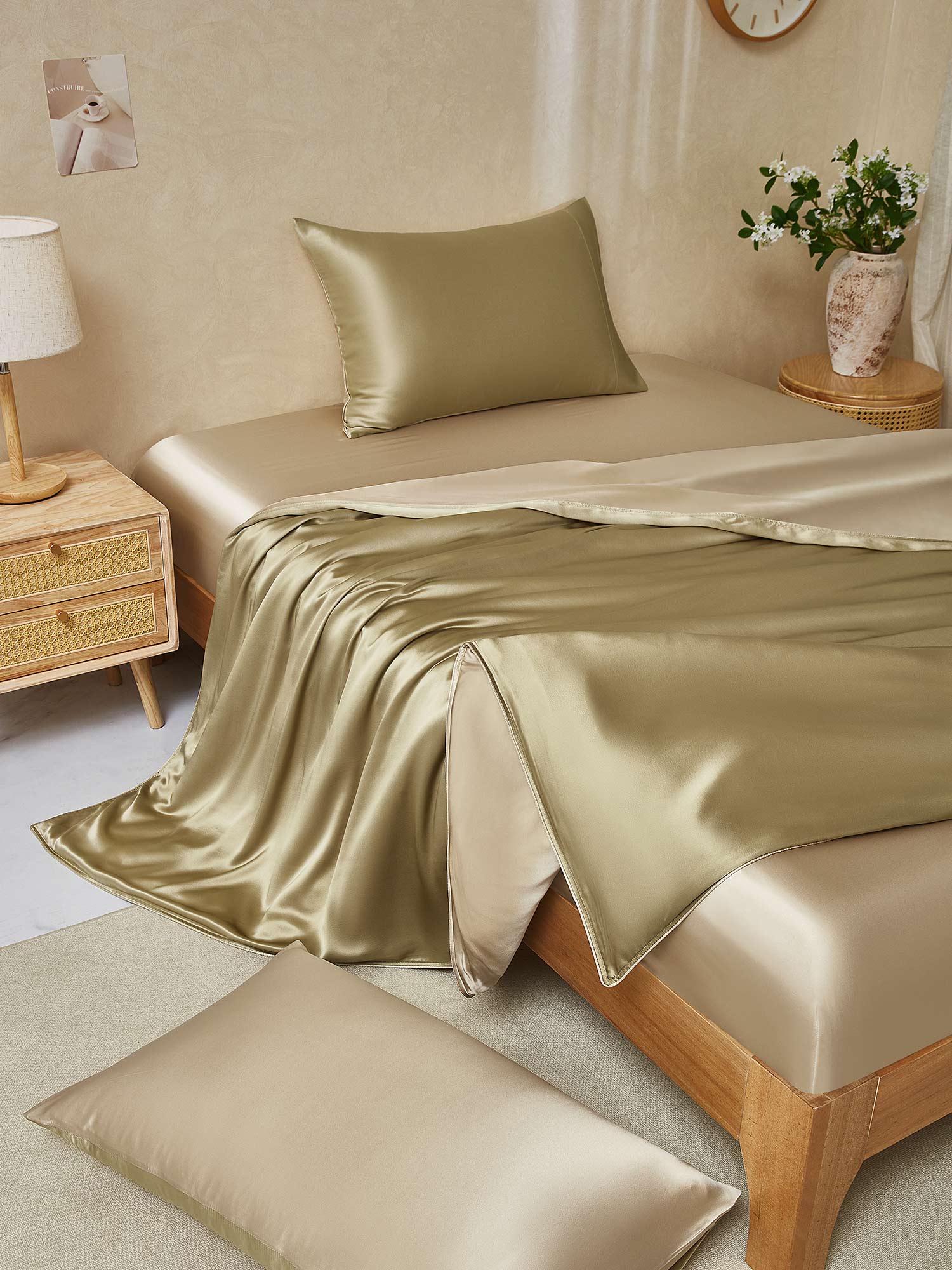 [Beige+Caqui] SilkSilky-ES 22Momme Seda Pura Bedding Set 001,