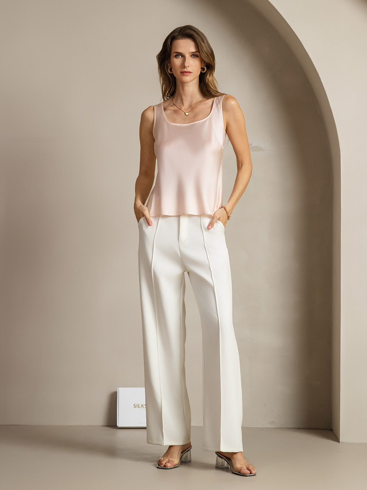 [Rosa] SilkSilky-ES 19Momme Seda Cuello en U Top de tirantes 004