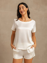 [Blanco] SilkSilky-ES 19Momme Manga corta Cuello Redondo Pijamas de mujer 001