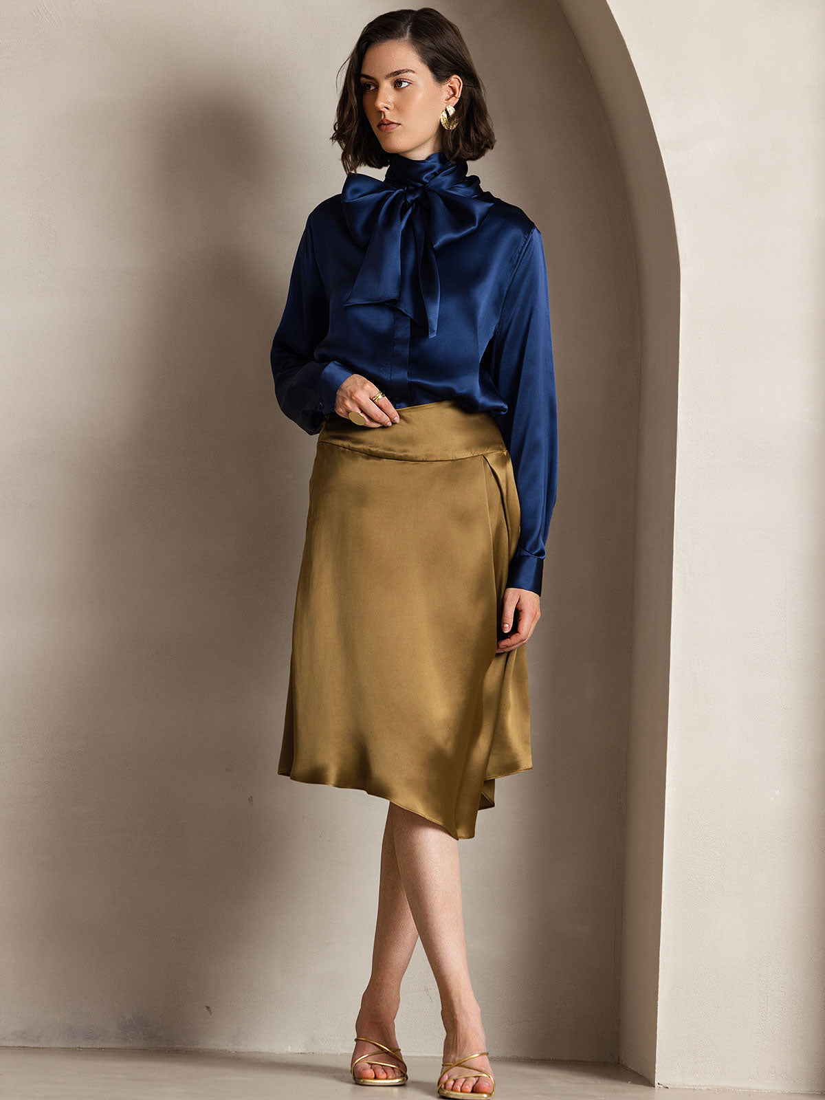 [Azul Oscuro] SilkSilky-ES 19Momme Manga larga Blusa 005