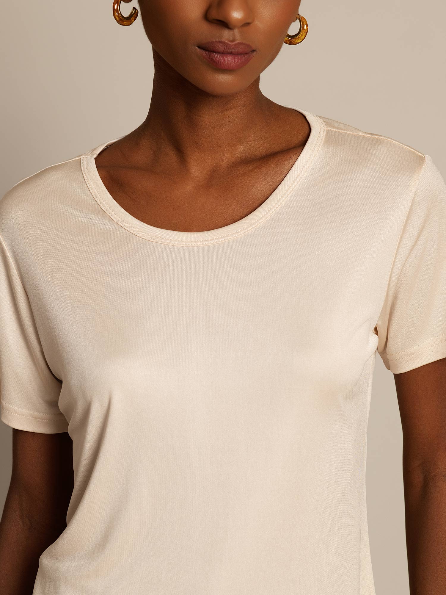 [Beige] SilkSilky-ES Tejido de seda Womens T-Shirt 003,