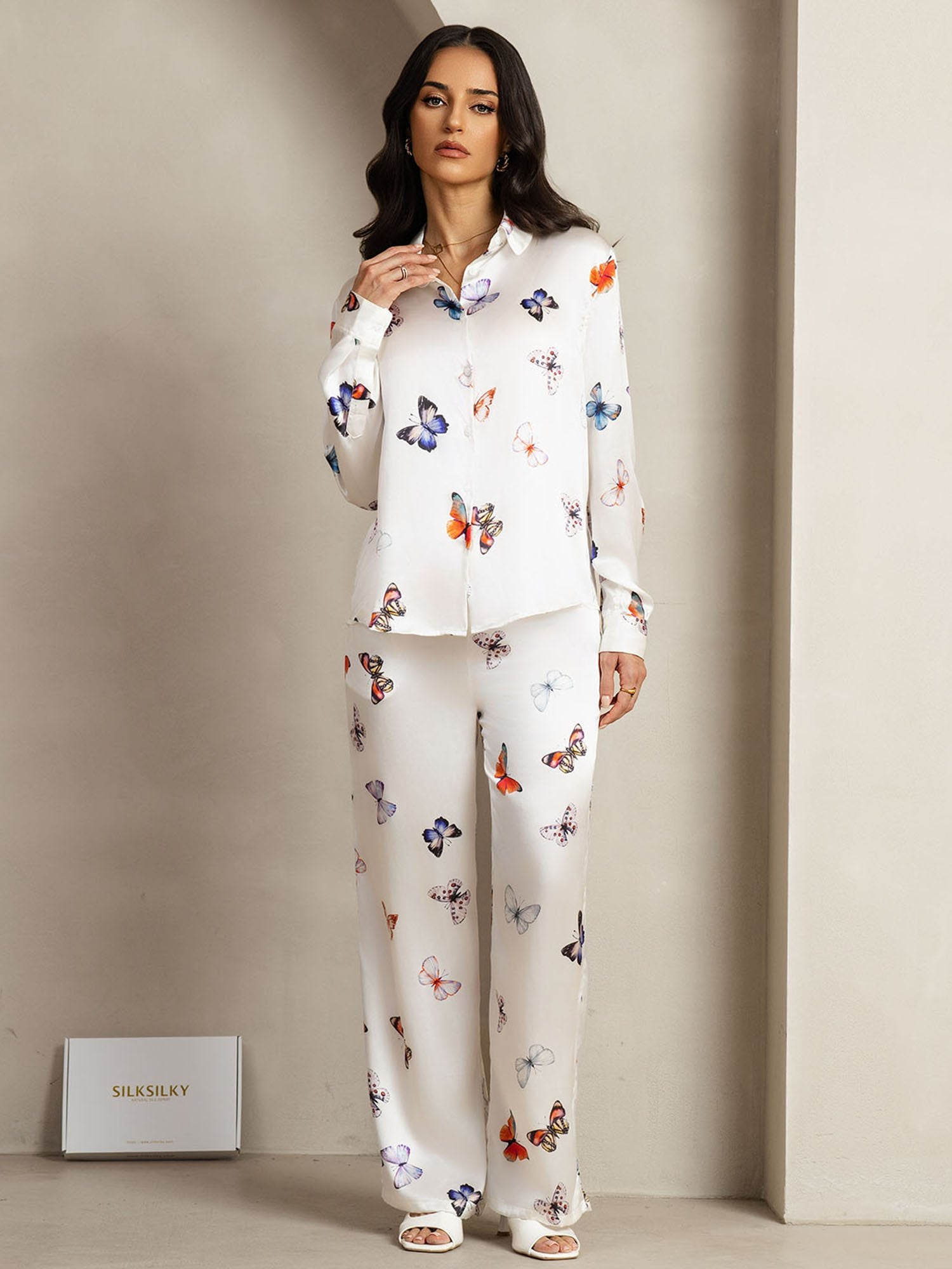 [MariposaBlanca] SilkSilky-ES 19Momme Seda Lapel Collar Women''s Outfit Sets 001