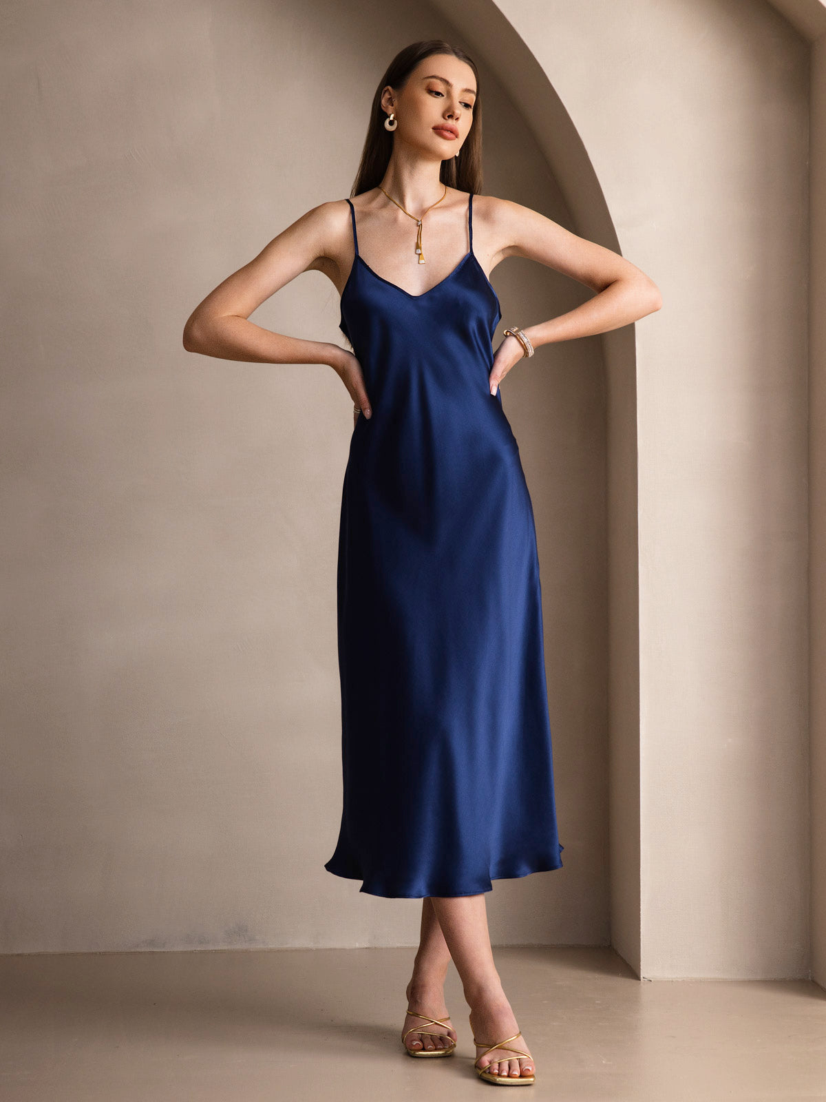 [Azul Oscuro] SilkSilky-ES Seda Pura Dress 004