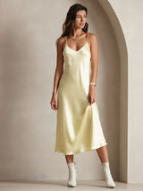[Amarillo Claro] SilkSilky-ES Spaghetti Strap V Neck Vestido 001