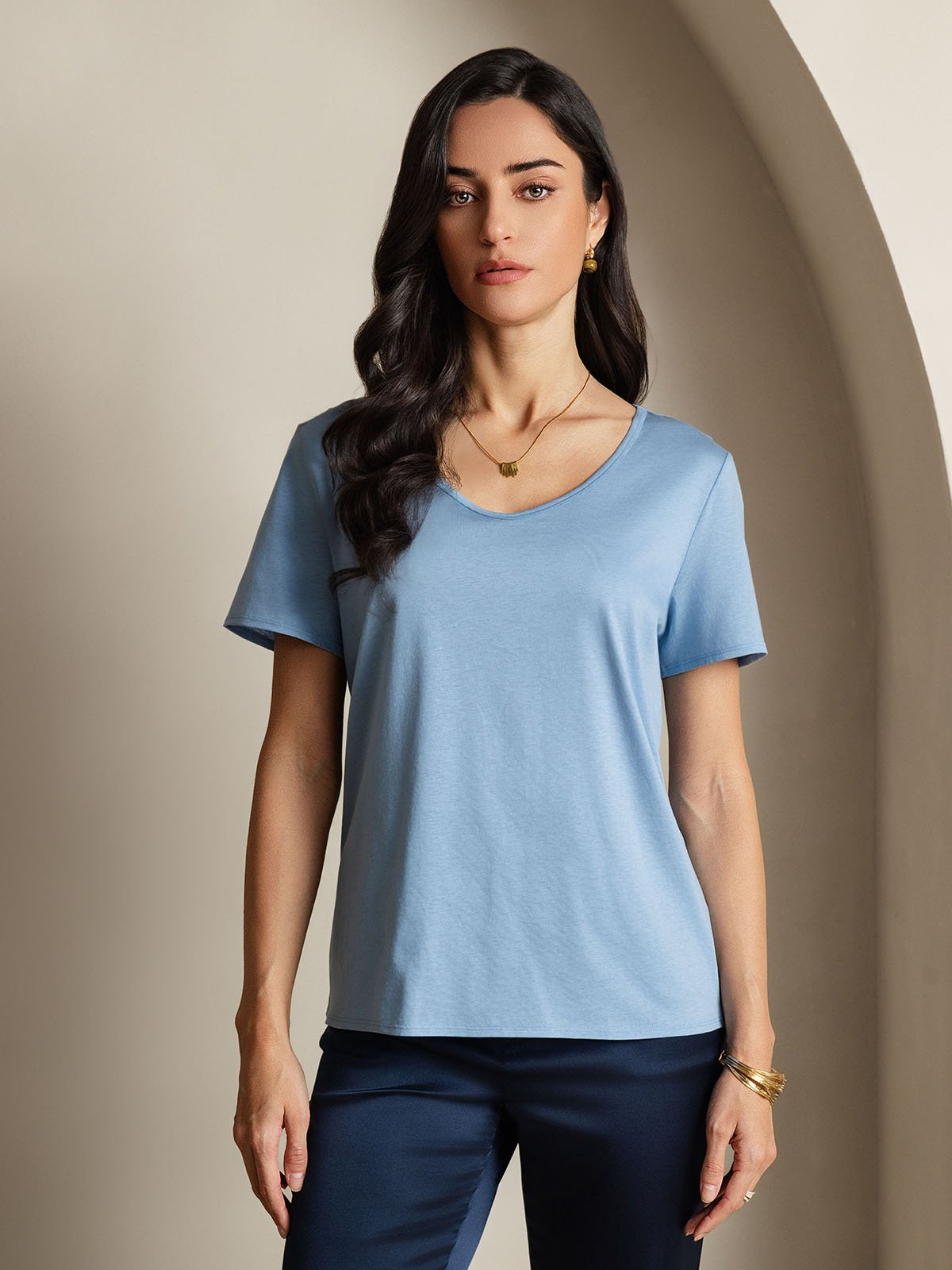 SilkSilky-ES Seda Manga corta Cuello en V Camisetas de Mujer Azul 001