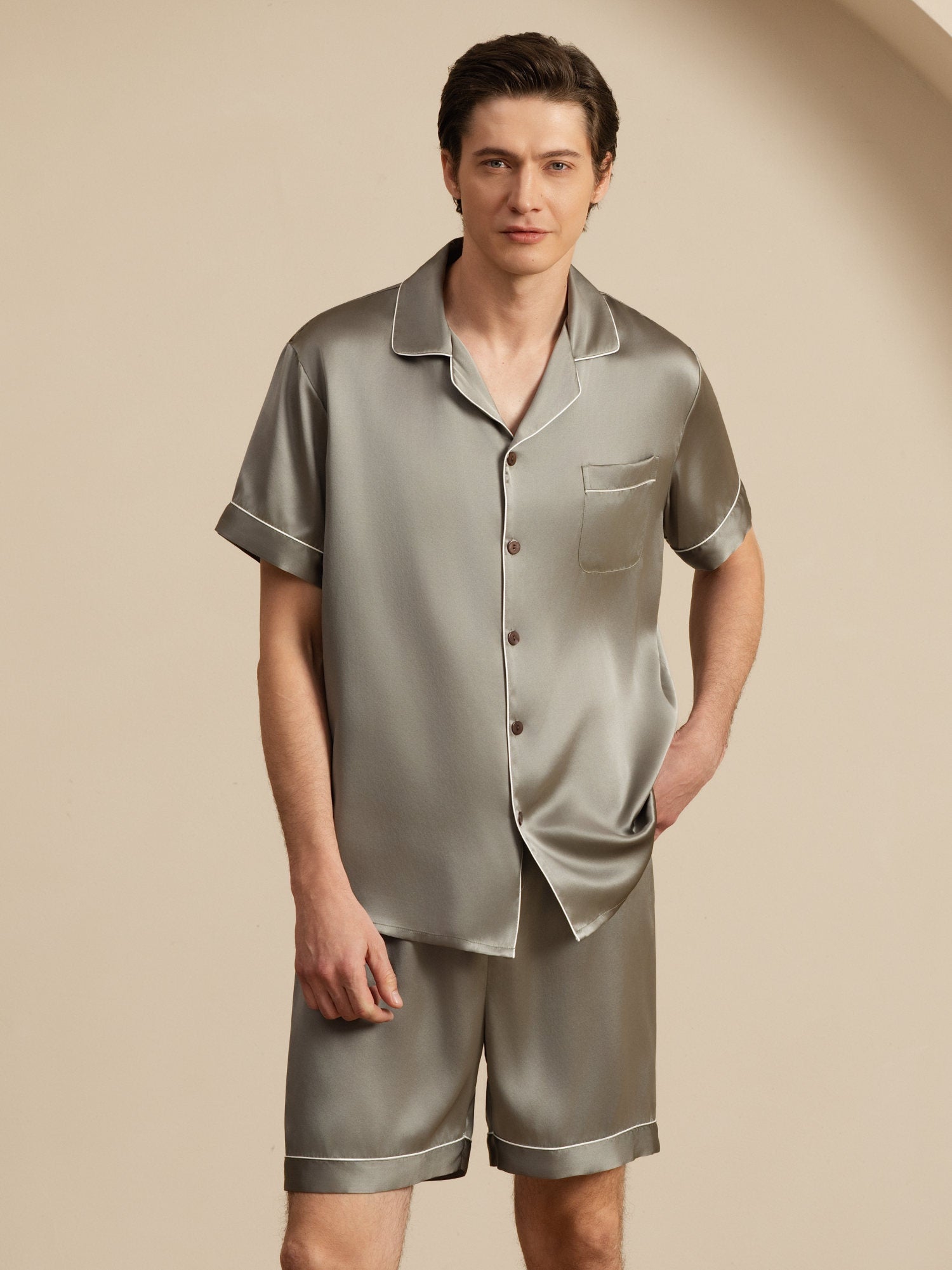 [Verde Grisáceo] SilkSilky-ES Manga corta Cuello de Muesca Pijamas de hombre 005