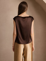 [Chocolate Negro] SilkSilky-ES Cap Sleeve Cowl Neck Camisetas de Mujer 002