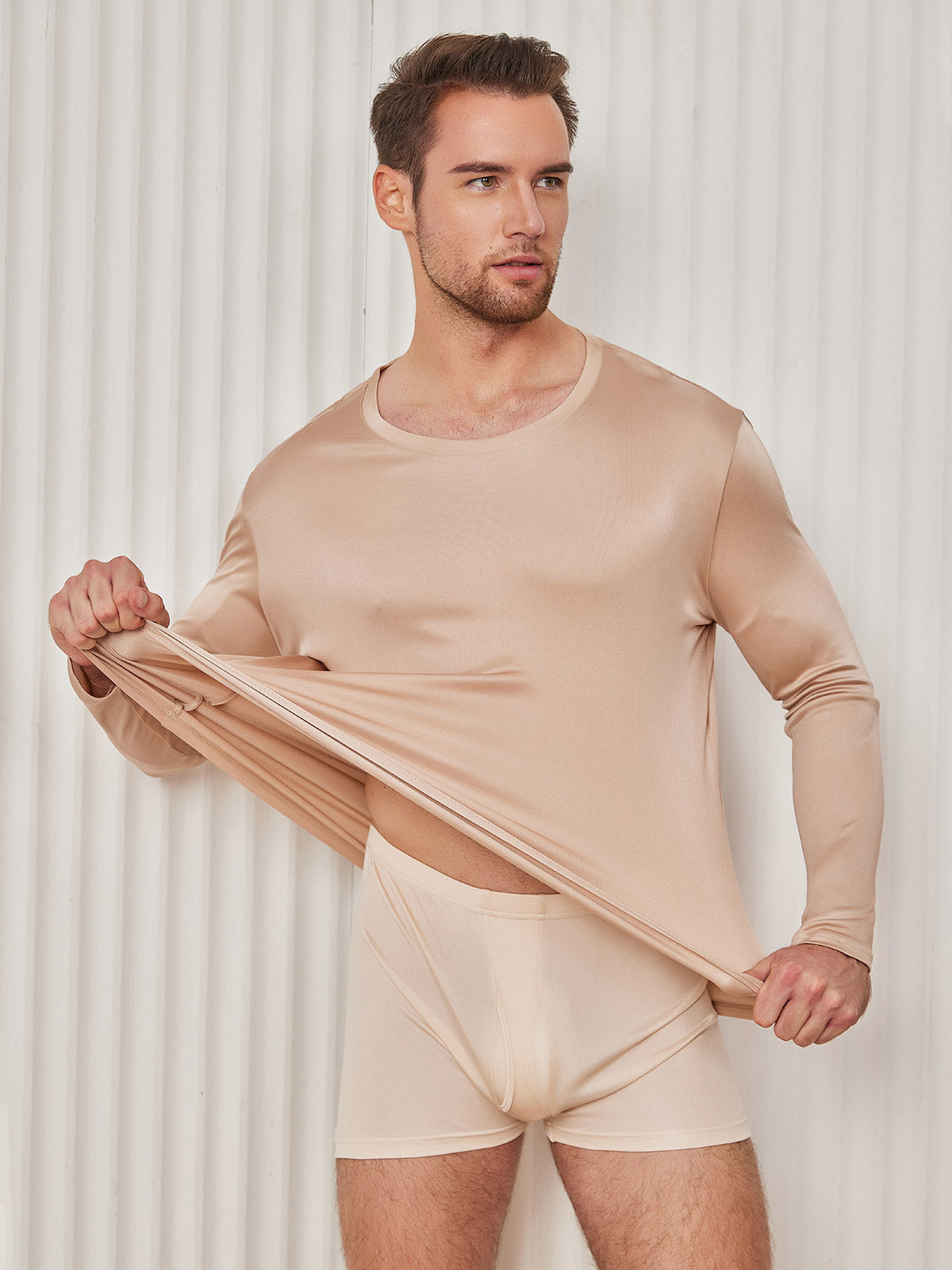 [Beige] SilkSilky-ES Manga larga Cuello Redondo Camiseta de hombre 002