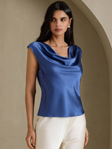 [Verde Azulado Real] SilkSilky-ES Cap Sleeve Cowl Neck Camisetas de Mujer 003