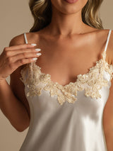[Blanco] SilkSilky-ES Spaghetti Strap V Neck Camisón 004