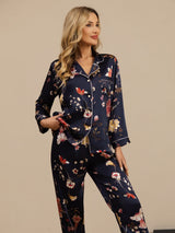 [Floral Azul Marino] SilkSilky-ES Long Sleeve Lapel Collar Pijamas de mujer 005