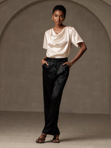 [Beige] SilkSilky-ES Short Sleeve Cowl Neck Blusas 005