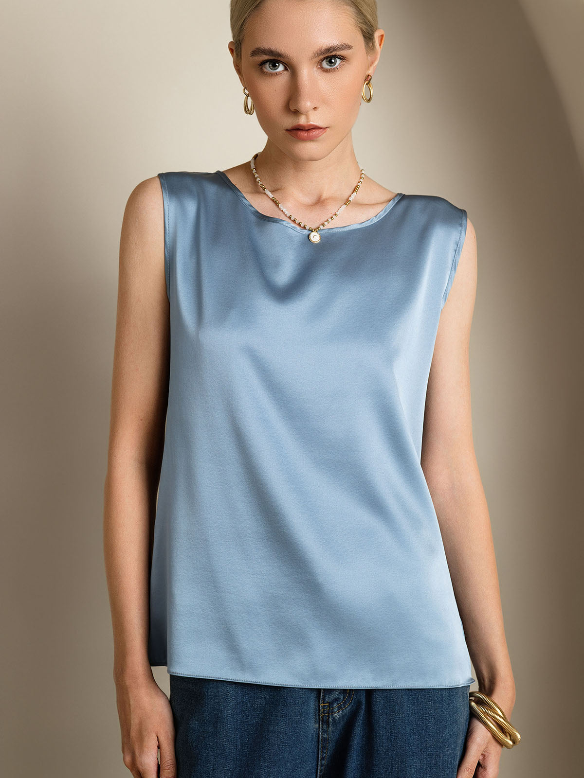 [Azul Grisáceo] SilkSilky-ES 19Momme Seda Camisoles 005