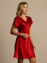 [Rojo Oscuro] SilkSilky-ES Short Sleeve V Neck Camisón 007