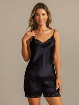 [Negro] SilkSilky-ES Spaghetti Strap V Neck Conjunto de tirantes 001
