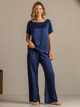 [Azul Oscuro] SilkSilky-ES 19Momme Manga corta Pijamas de mujer 004